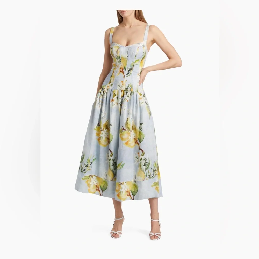 Nicholas - Makenna Floral Linen Drop Waste Midi Dress - Aniss Sky Lemon - Picture 4 of 6